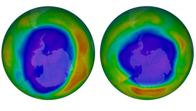 Low ozone above Antarctica on September 2000, left, and September 2018, right